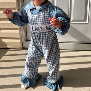 Toddler “Jesus loves me” Blue Overalls with long sleeve top (2 piece Set)